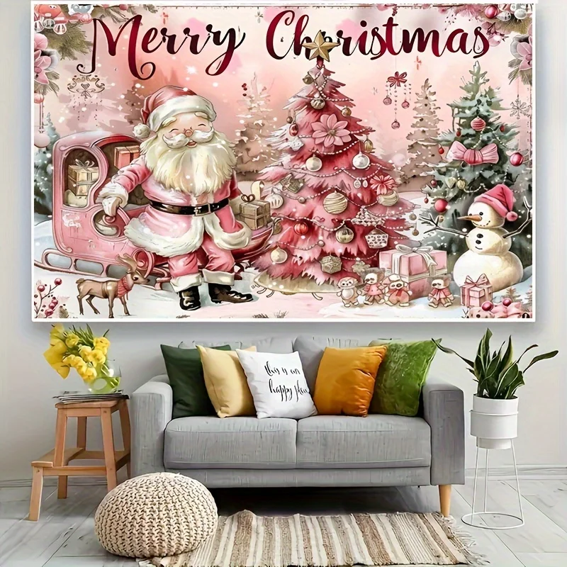 1 pieza, tela de fondo de Feliz Navidad, reina colorida, árbol de Navidad, trineo, muñeco de nieve, regalo verde rosa, bastón de caramelo, dibujos animados de invierno