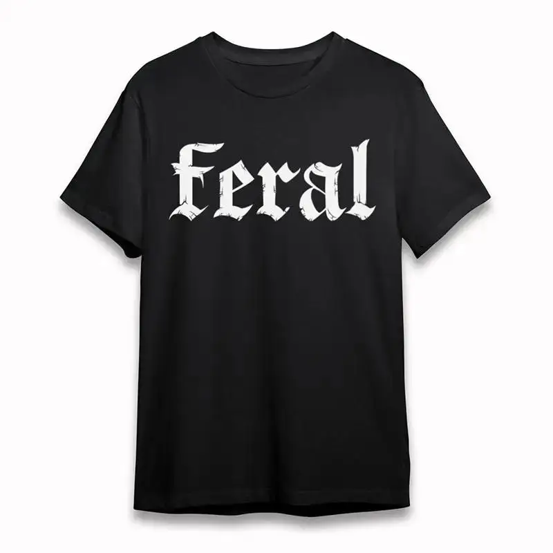 Men'S Fashion T Shirt Feral Text Gothic Lettering Black Cotton
