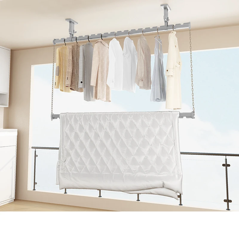 Space-saving wall-mounted aluminum single-layer hanger, multi-functional clothes drying rod, high-end clothing storage rack