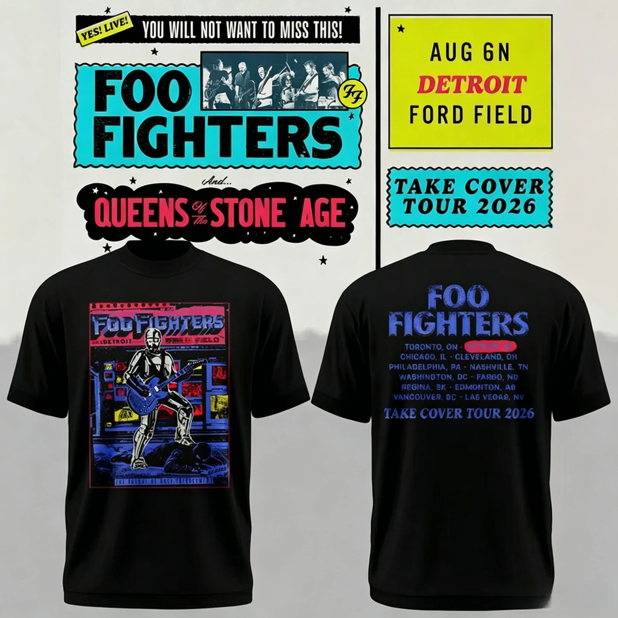 2026 Vintage Foo Fighters Detroit Ford Field Tour T-shirt Double Sided Print Rock Music Fan Men Casual Streetwear Short Sleeve