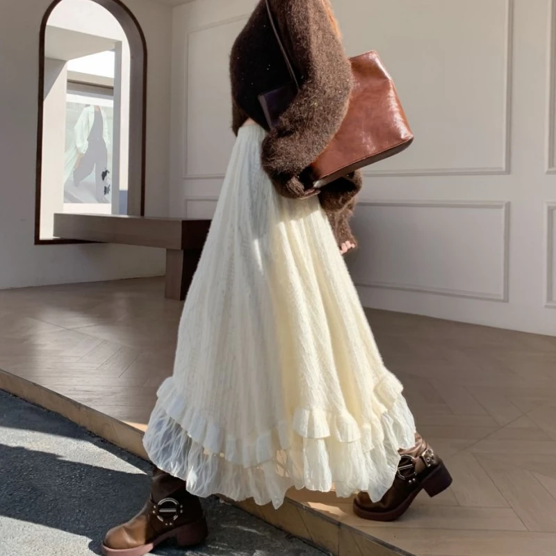 

Qiukichonson Midi Long Skirts Women Solft Lace Skirt 2025 Goth Lolita Autumn Winter High Waist Ruffles Asymmetrical Plaid Skirt