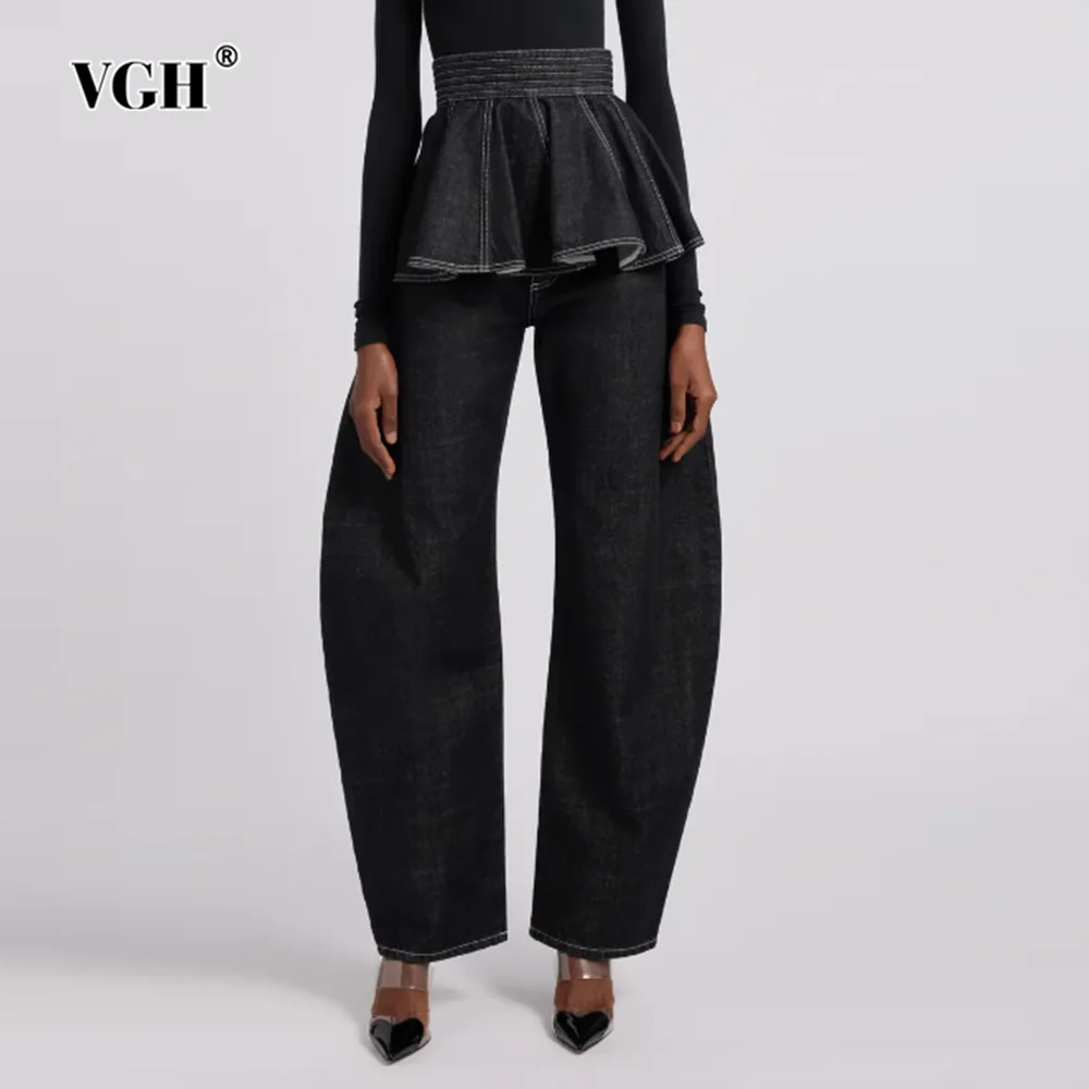 

VGH Solid Patchwork Zipper Folds Denim Trousers For Women High Waist Spliced Button Casual Minimalist Pant Female Fashion New