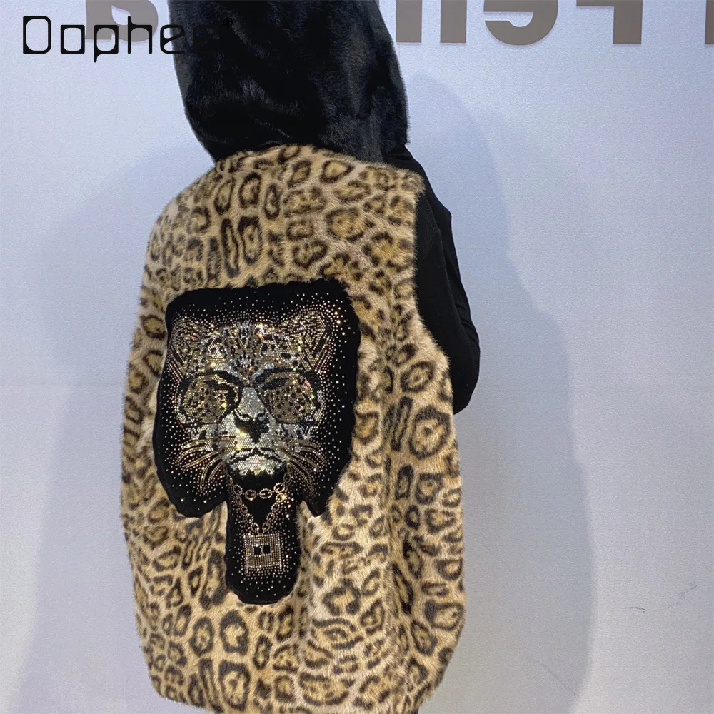 

Women's Fashion Rhinestone Hooded Vest Casual Sleeveless Faux Fur Coat Imitation Mink Fur Warm Vest for Women Autumn Winter