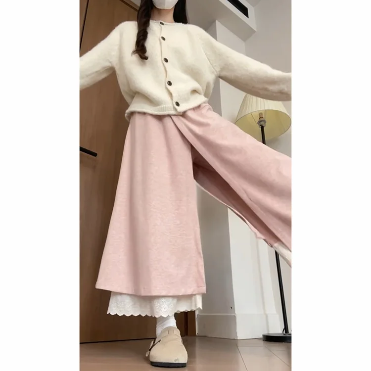 الكورية Sle عالية الخصر الدانتيل تقليم بنطال ذو قصة أرجل واسعة المرأة الخريف الشتاء Thiened Fce اصطف ثنى التخسيس تنورة السراويل