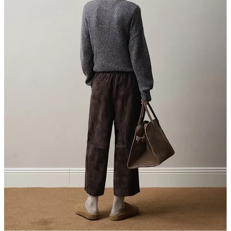 Retro 2025 Leather Ankle-Length Pants Women Elastic Waist Suede Sheepskin Wide Leg Length Straight Cylinder Trousers Black brown