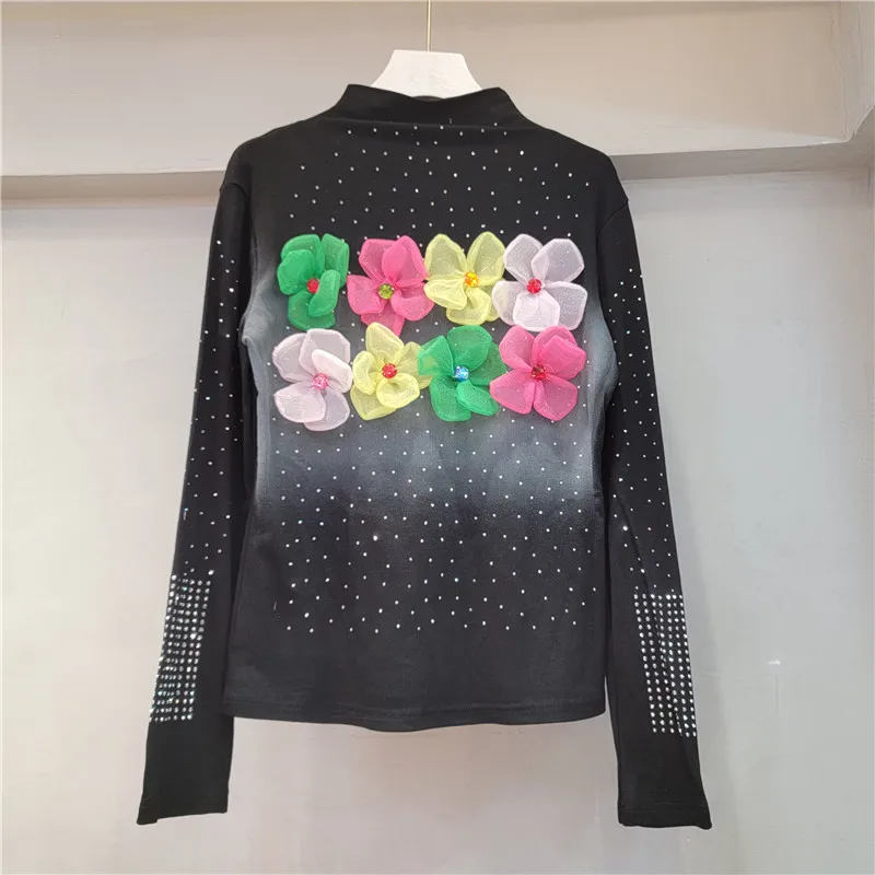 Diamond Drills Tie-Dyed Three-Dimensional Flower Bottoming Shirt Women's Clothes Top Slim Fit Black Shirt Outer Wear Kawaii Tees