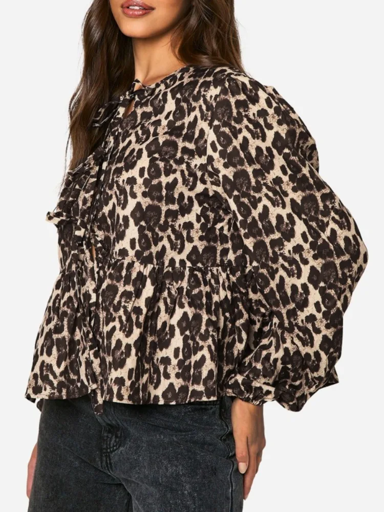 Yeezzi femmes imprimé léopard manches longues Blouse 2026 nouveau bureau décontracté Sexy découpe profonde cravate avant dessus de chemise à la mode