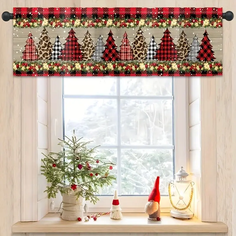 VIKAMA Christmas Window Valance Buffalo Plaid Leopard Xmas Tree for Kitchen Home Winter Holiday Window Decor