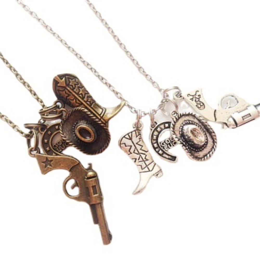Hip-hop Retro  Gold Color Western Cowboy Boot Hat Pistol Pendant Necklace for Women Men Personality Fashion Jewelry Accessories view 5