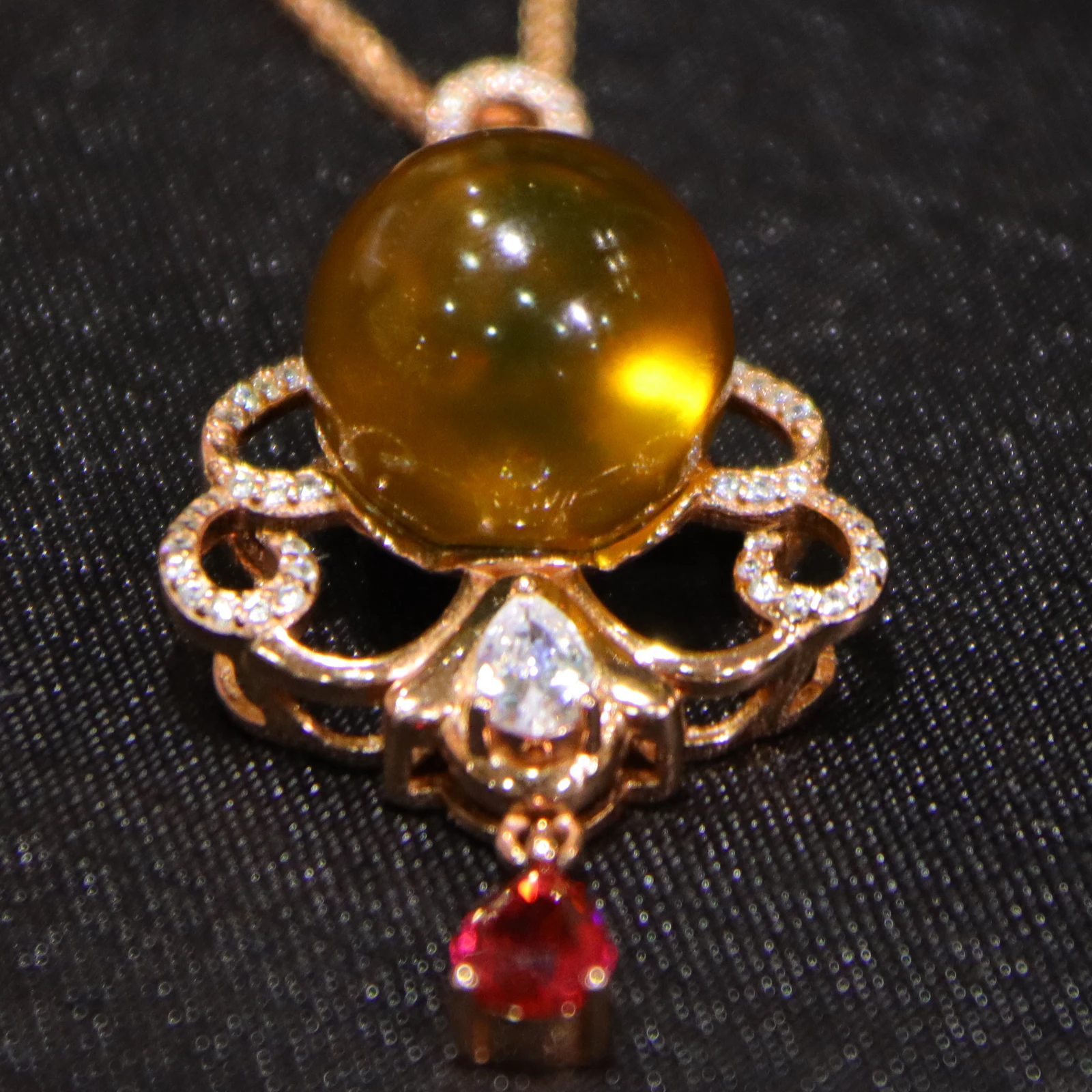 Mexican Blue Amber Flower Pendant Sterling Silver Natural 14mm Blue Amber Bead Red Gem Dangle Necklace Jewelry Gift Ready