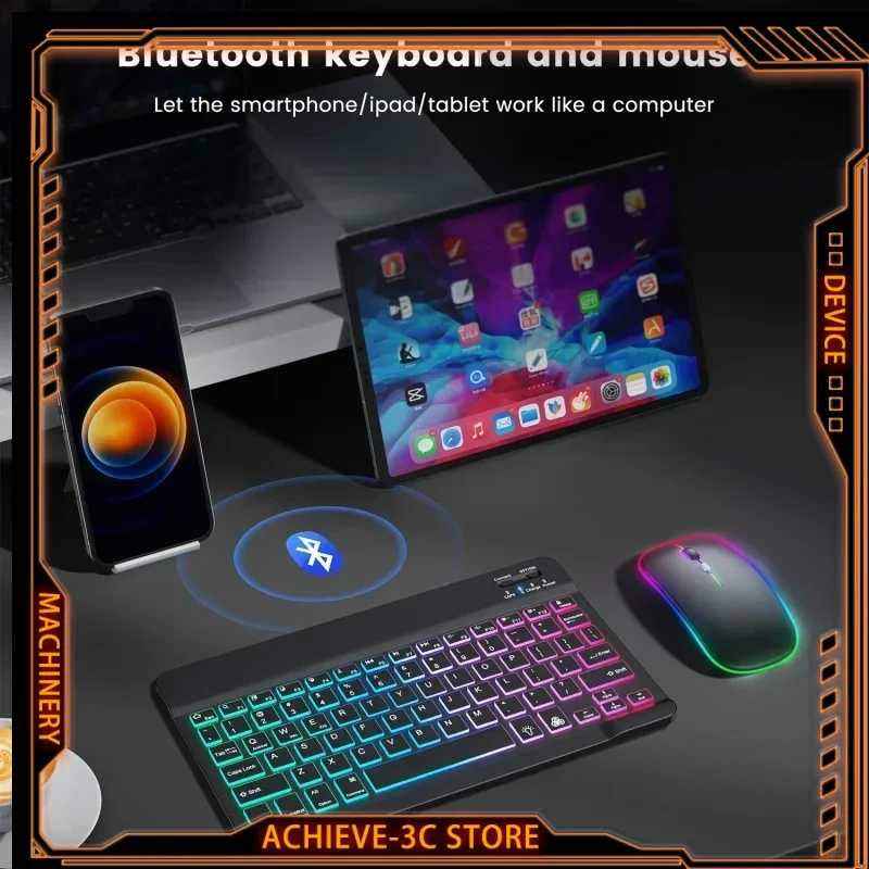 

Bluetooth Keyboard Wireless Mouse 10 Inch Mini Backlit RGB Keyboard Thin Keypad Rechargeable Tablet Mobile Phone Accessories