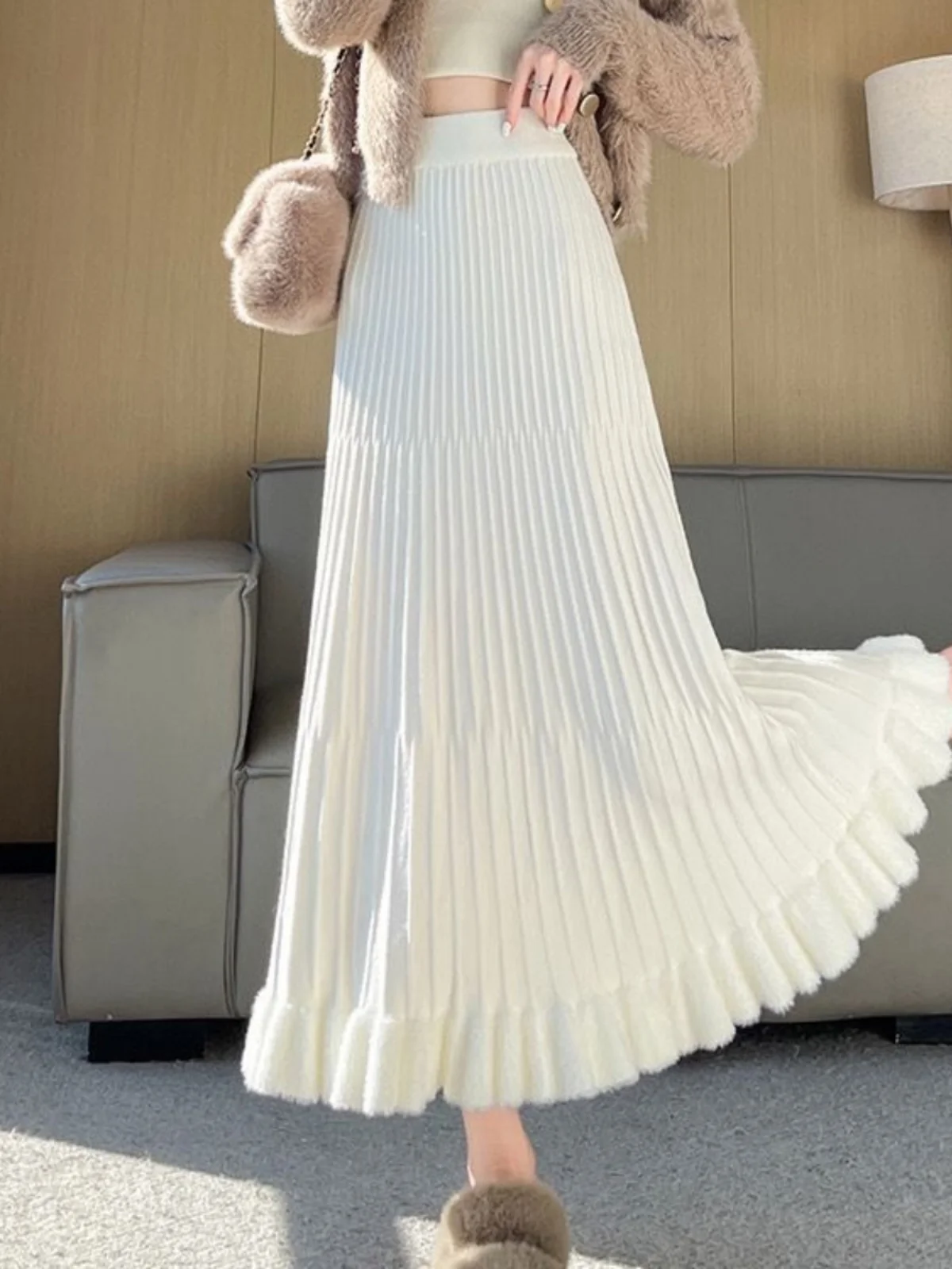 

Юбка миди в корейском стиле из имитации норки, с высокой талией, А-силуэт, повседневный стиль, для работы, из полиэфирного волокна, длинная