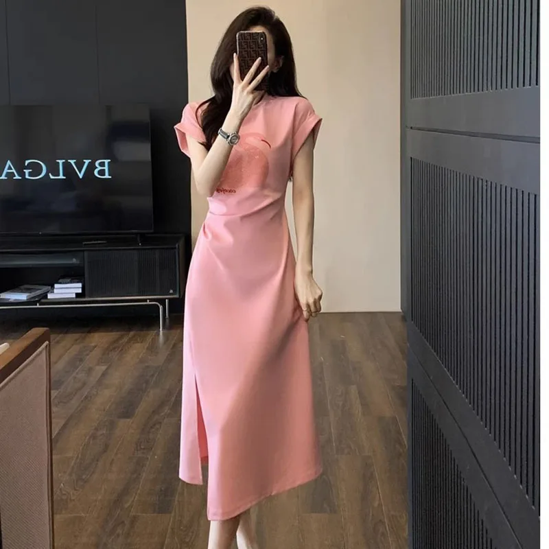 French Style Dress Women's Summer Pleated Waist Cover Pink T-shirt Skirt
