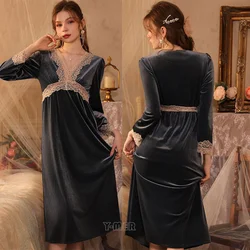 Elegant Nightdress Soft Velour Sleepwear Women Winter New Bathrobe Home Dress Loose Nightgown V-Neck Loungewear Velvet Homewear