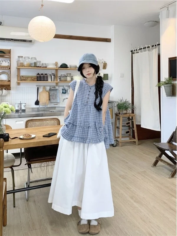 

plus Size Retro Outfit Summer New Loose Slimming Plaid Casual Vest Shirt Midi Skirt Fashionable Two-Piece Set High Waist A-Li...
