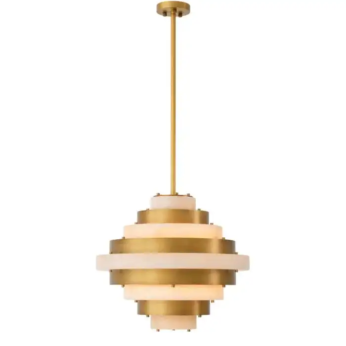 Modern Entrance Foyer Fixture Hall Staircase Large Hanging Light  Antique Brass Finish Natural Spanish Alabaster Pendant Light