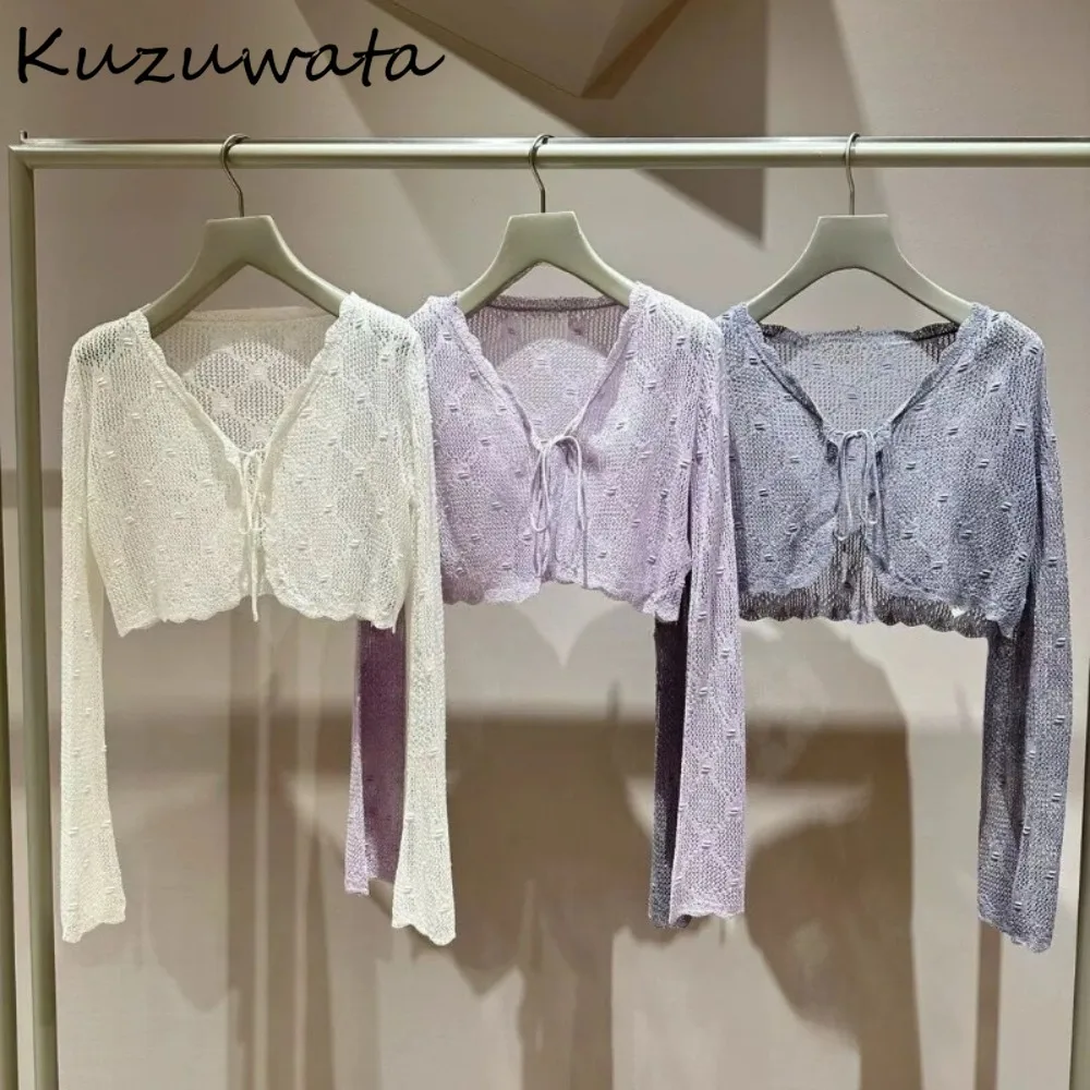 

Kuzuwata Elegant Office Lady New Sweet Cardigan Hollow Out Crochet Sunscreen Lace Up Jumper Japan All-match Short Casual Sweater
