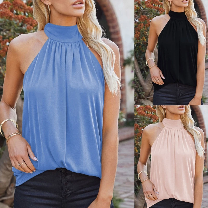 Women Sleeveless Self Tie Halter Collar Tank Top Sexy Off Shoulder Pleated Front Blouse Simple Solid Color Loose Vest