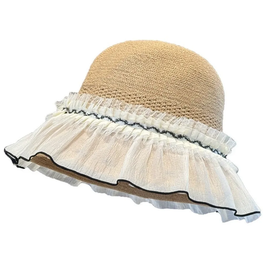 

Trendy Sun-protective Woman's Fisherman Cap Lace trim Elegant Straw Hat Breathable Versatile Beach Cap for Tourism Vacation
