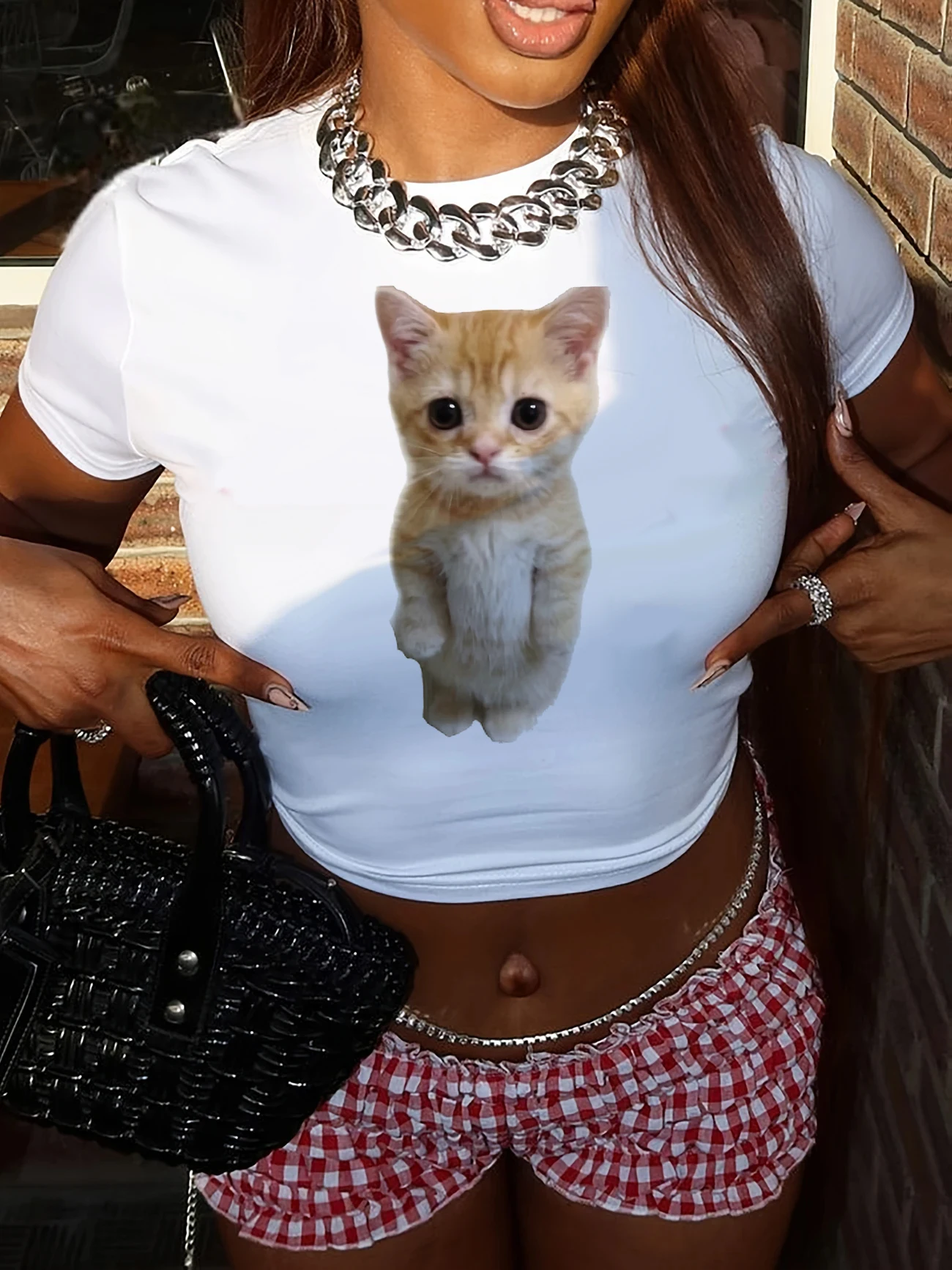 

kawaii cat Cropped Print Crew Neck T-shirt Y2K Short Sleeve Tight Fit Crop Top Spring Summer Women's Clothing