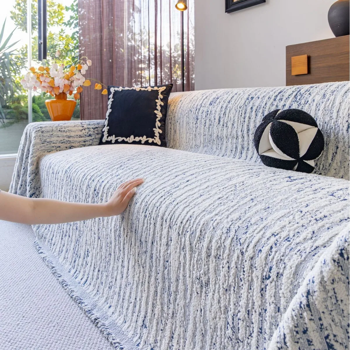 1PC Chenille Sofa Towel All-cover Coffee Striped Pattern Sofa Throw Blanket with Tassels Couch Protector Double Face Usable