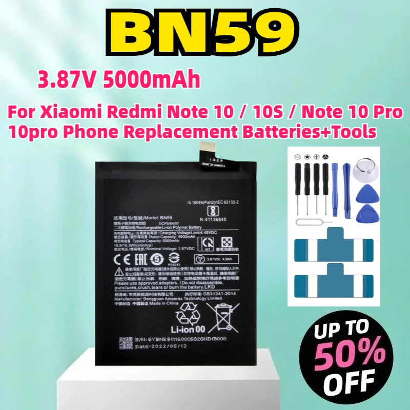 

BN59 3.87V 5000mAh Battery For Xiaomi Redmi Note 10 / 10S / Note 10 Pro 10pro Phone Replacement Batteries+Tools