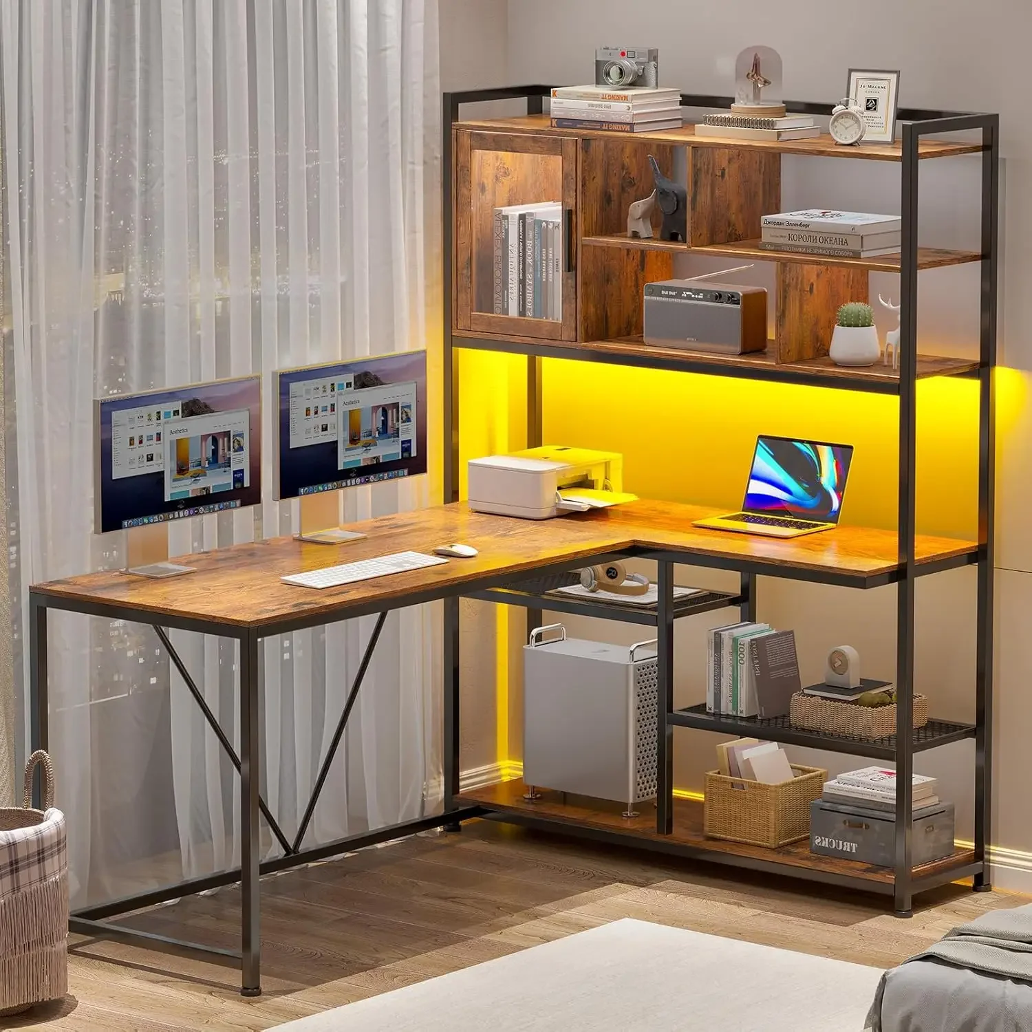 SEDETA-Bureau d'ordinateur en forme de L, bureau 58 en effet avec lumière LED et étagère, bureau d'angle en forme de L avec étagères de rangement pour la maison