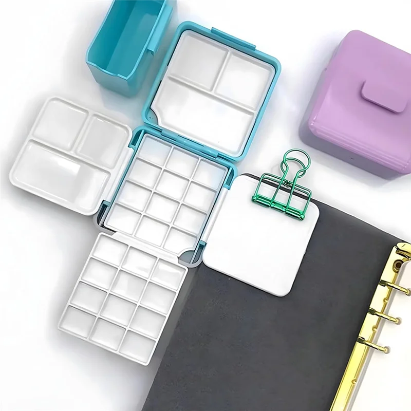 AT93-Dual Foldable Palettes Watercolor Kit, Mini 24-Slot Box With Water Container And Metal Clip For Professional Use