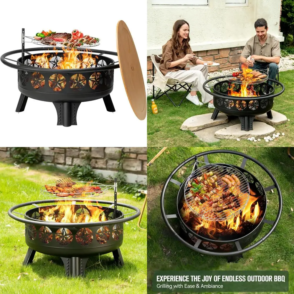 

Outdoor 38 Wood Burning Fire Pit with Grill, Spark Screen, and Fire Poker, Swivel C Table for Backyard Entertainment