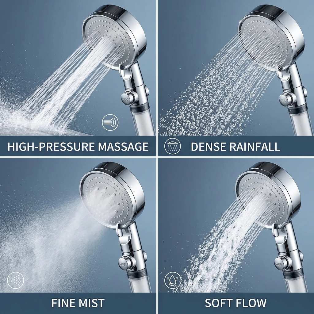 1PC 5 Mode Handheld Shower Head One Button Water Stop 4 Point Universal Interface Household Bath Accessory