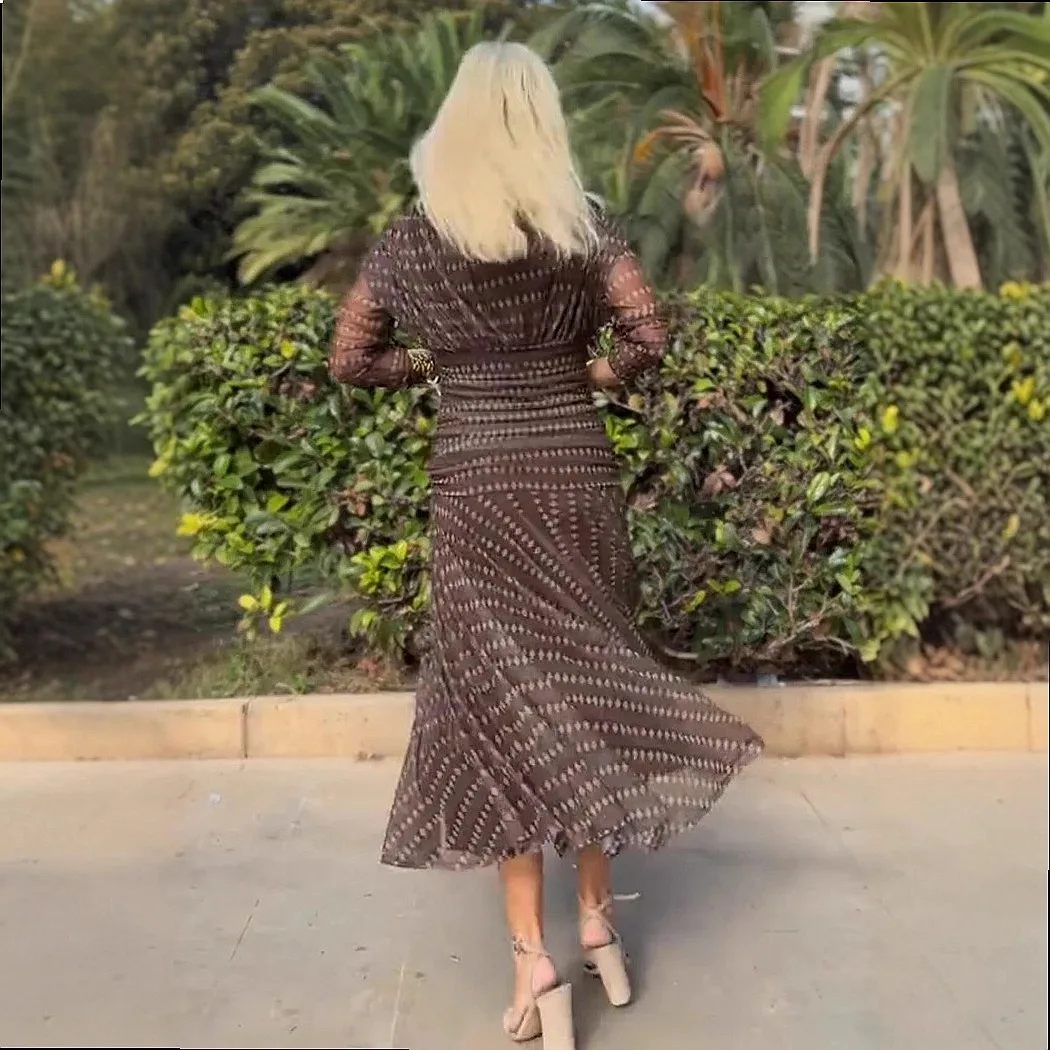 Bohemian V Neck Maxi Dress Long Sleeve Mesh Flowy Boho Dresses Spring Summer view 3