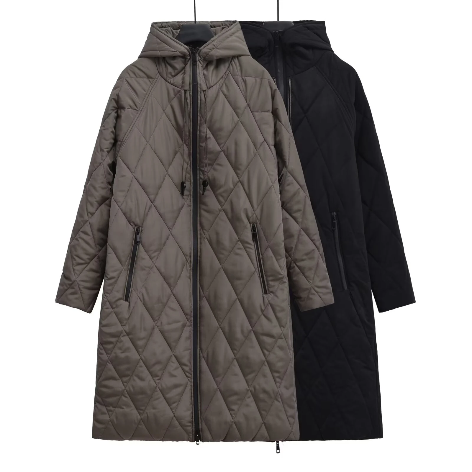 Winter new women's fashion hooded quilted diamond grid medium long cotton clothes casual loose cotton clothes