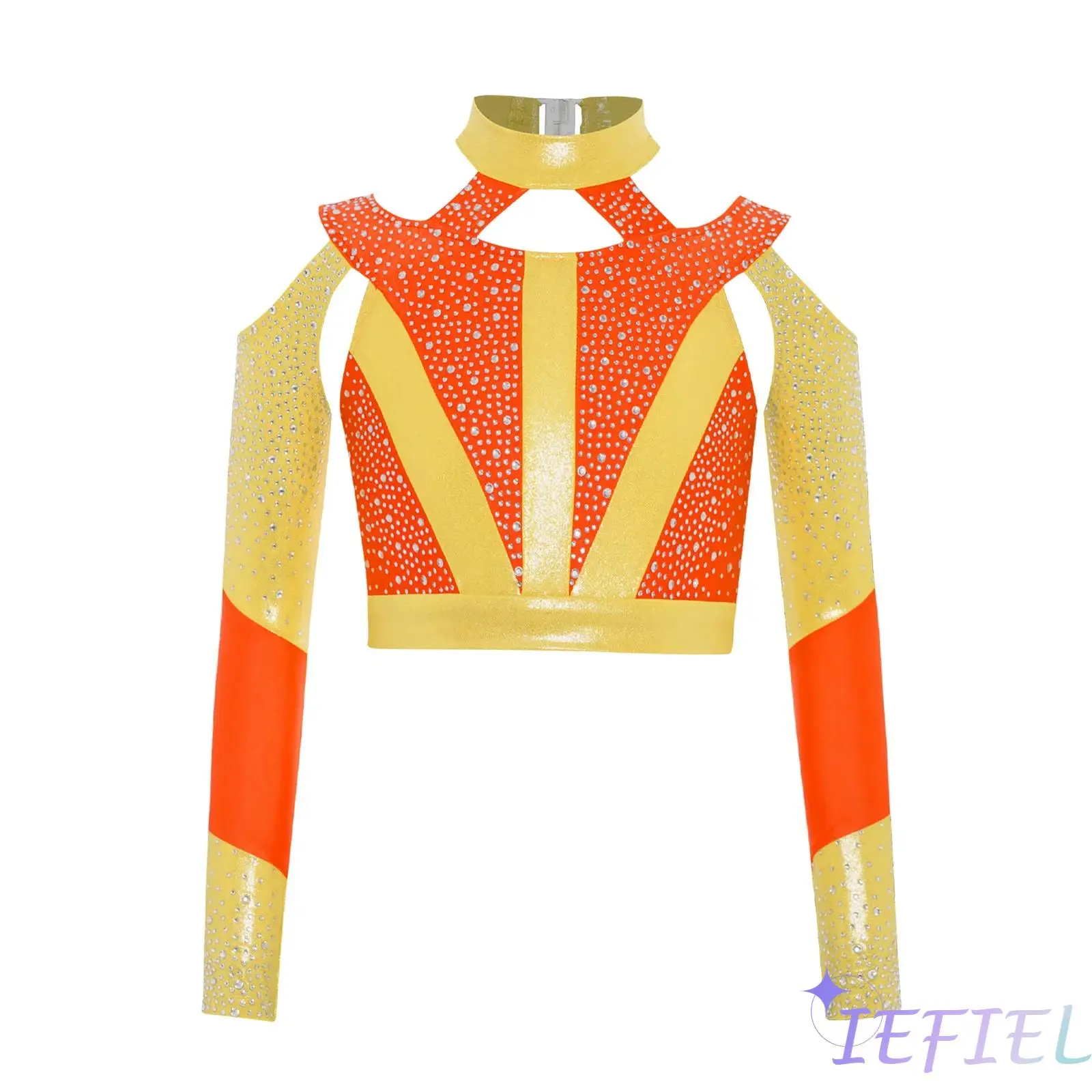 

Girls Jazz Dance Crop Top Gymnastics Costume Acrobatics Performance Vest Shiny Rhinestone Color Block Cross Back Cutout Crop Top