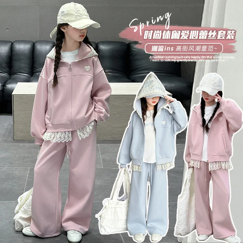 

Girls' Hoodie Set with Lace-Trimmed Edging Two-Piece Set Suitable for 7-14 Years Old Teen Autumn Set Sportswear Set