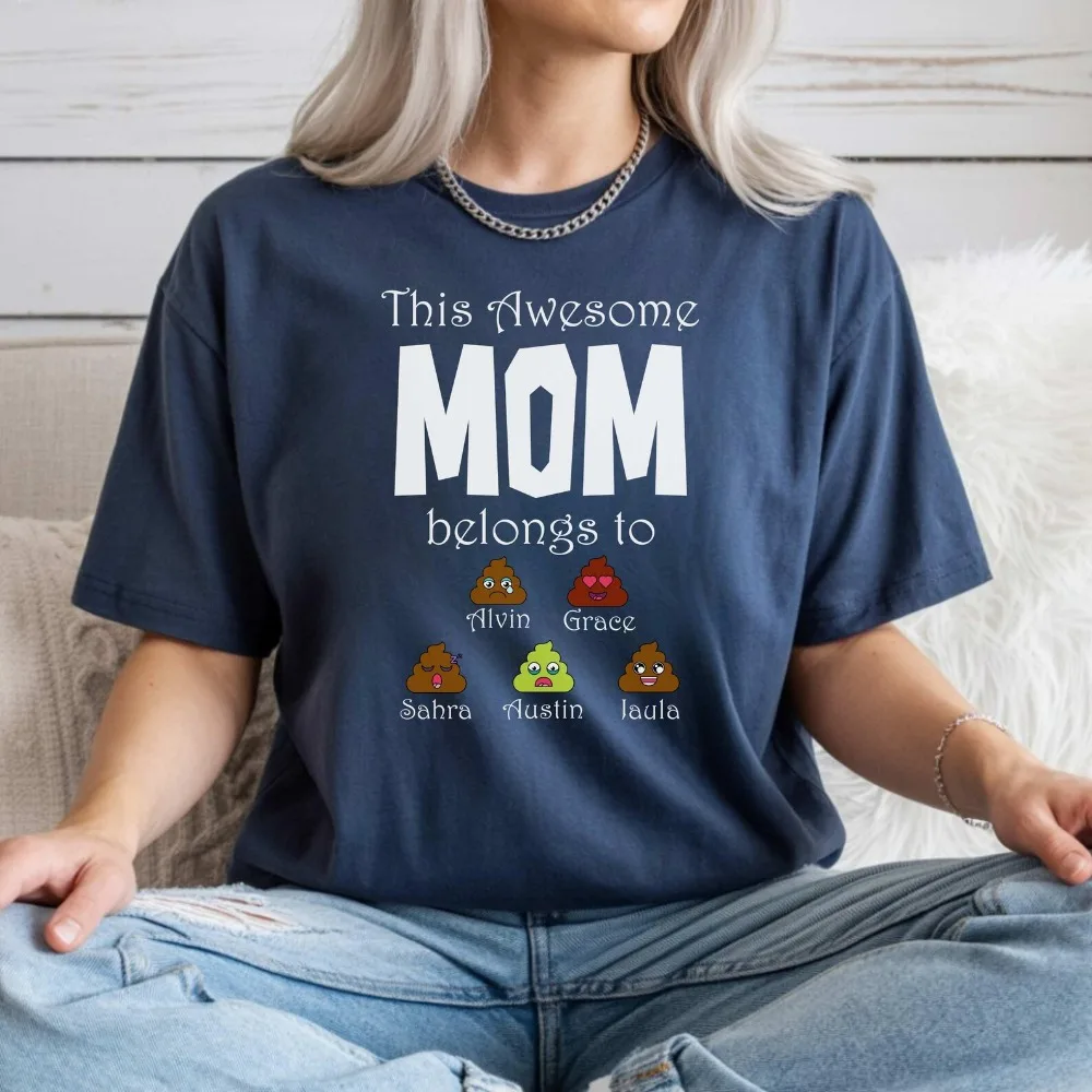 New Mom Humor Shirt Custom This Awesome Mom Belongs To Poop Kids Names T-Shirt Funny Personalized Mother's Day Tee for Mom