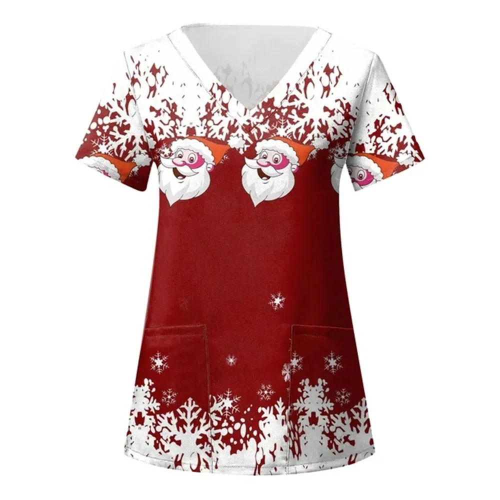 T-Shirt Christmas Nurse Uniform Scrubs Womens Cartoon Elk Print Short Sleeve Pocket Overalls Uniforms Medical Nursing Harajuku