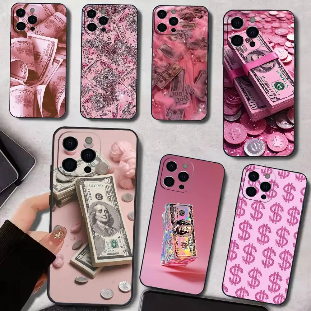 

P-Pink Dollars Banknote Design Phone Case For iPhone 17,16,15,14,13,12,11 Plus,Pro Max,XS,Soft Silicone Black Cover