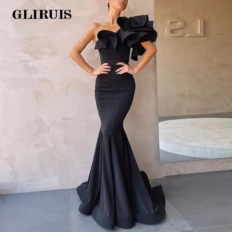 

Black Mermaid Prom Dresses 2023 One Shoulder Ruffles Simple Party Evening Gown For Women Satin Floor Length Cheap Custom Made