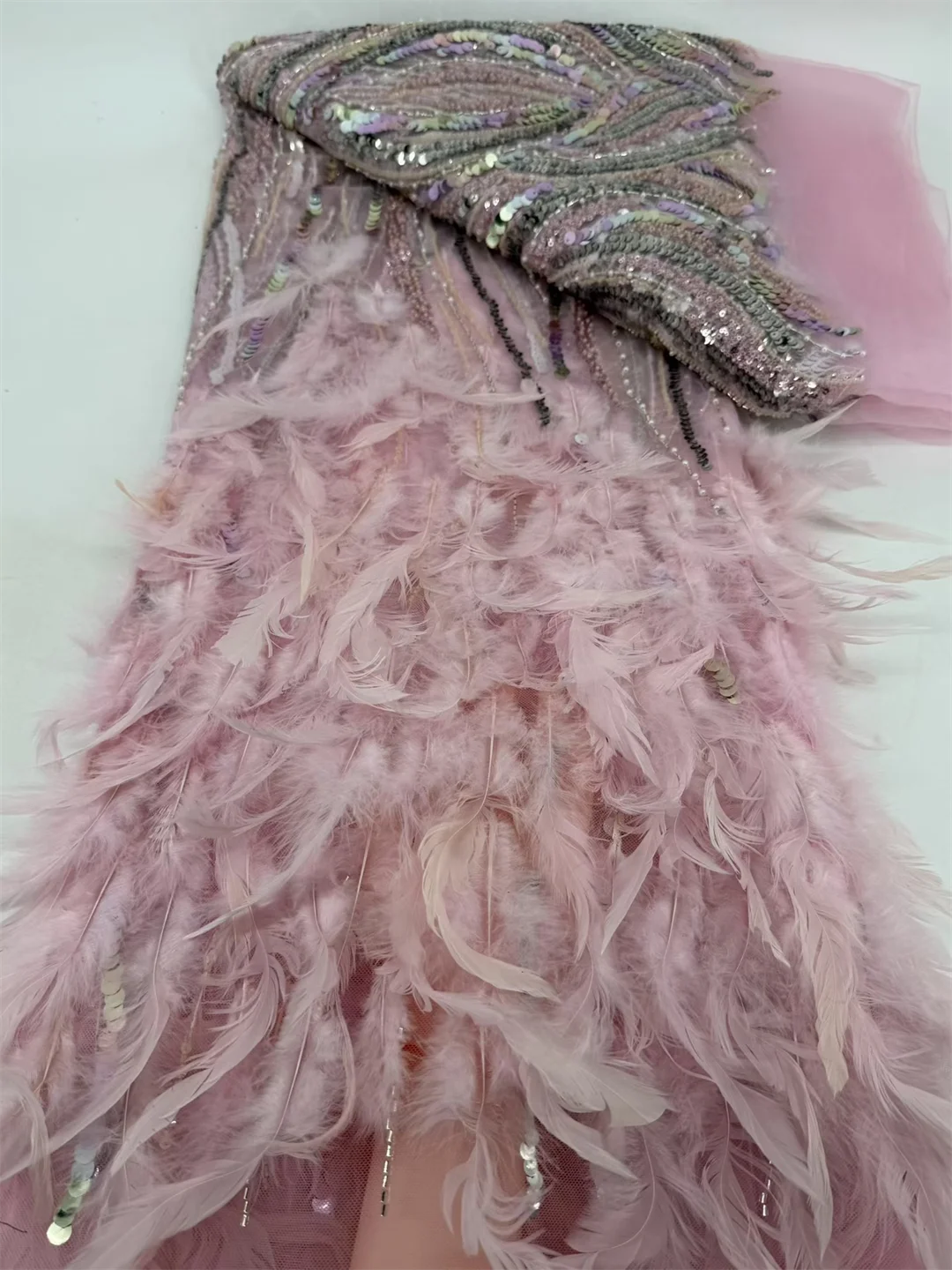 

African 3D Feather Embroidery Beaded Sequins Lace Fabric 2026 High Quality Nigerian French Mesh Lace Wedding Material