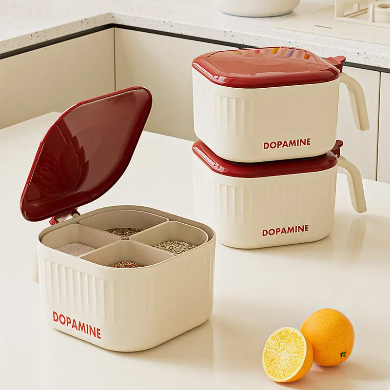 4 Compartment Seasoning Box with Flip Lid & Handle Household Detachable Inner Pots Kitchen Spice Condiment Storage Container