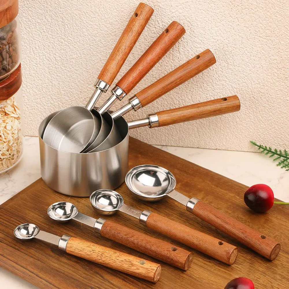 Kitchen Essential Measuring Spoons Cups Set Stainless Steel Wooden Handle Baking Utensils Accurate Capacity For Daily Recipes