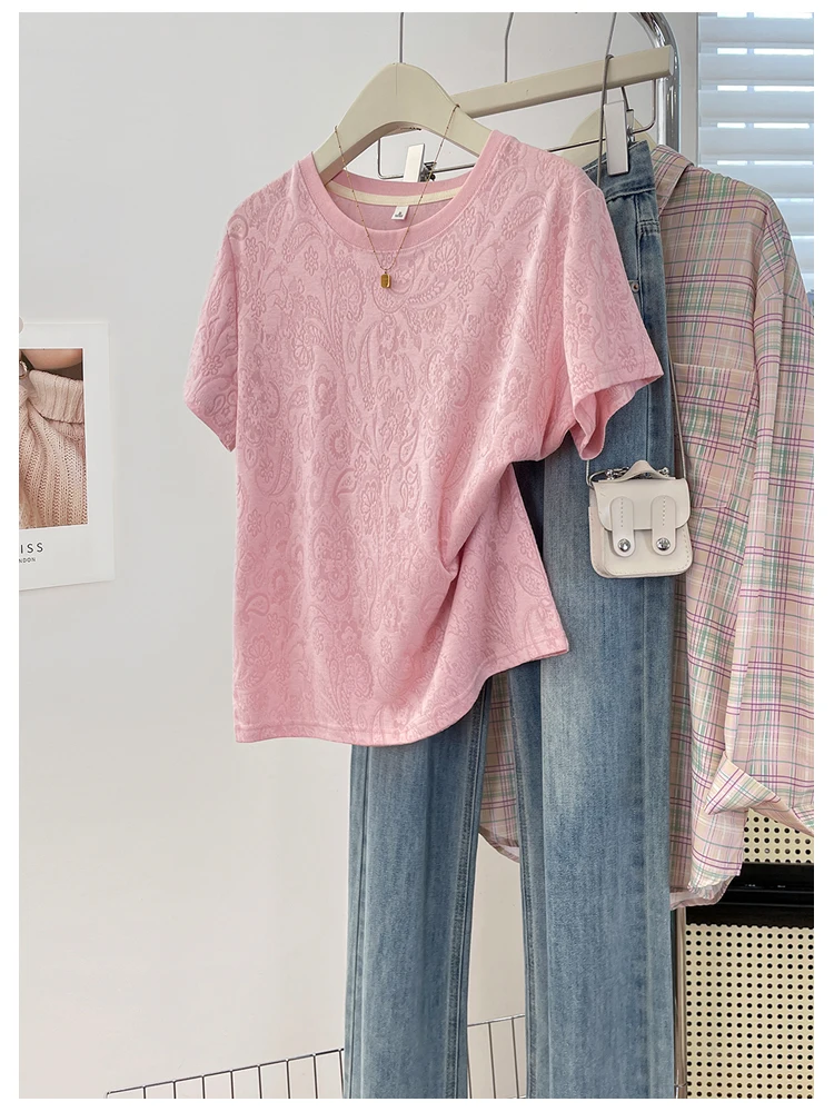 Elegant Embossed Floral Design Short Sleeve T-Shirt Women's Summer New Style High-End Atmosphere Clothing Top Trendy Cotton B...