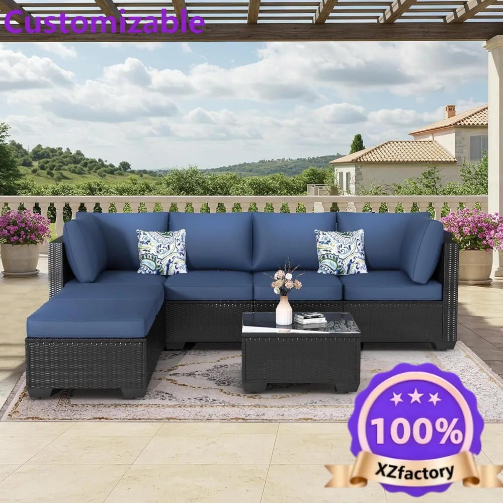 Factory Direct 2026 7pc Patio Rattan Sectional Sofa Set w/ Navy Cushions, Black