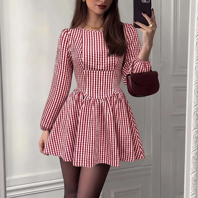 Woman's Chic Plaid Printed Dress Autumn Sexy Backless Lace Up Design Mini Dresses Fashion O-neck High Waisted Ladies Vestidos