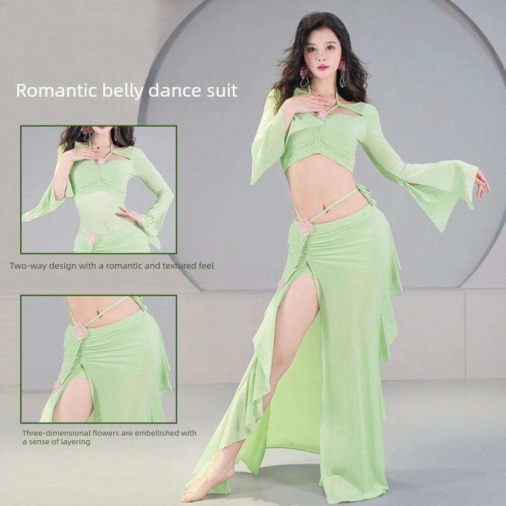 

Женский костюм для восточных танцев с длинным рукавом из сетки – прозрачный топ и длинная юбка с встроенными шортами для выступлений и тренировок