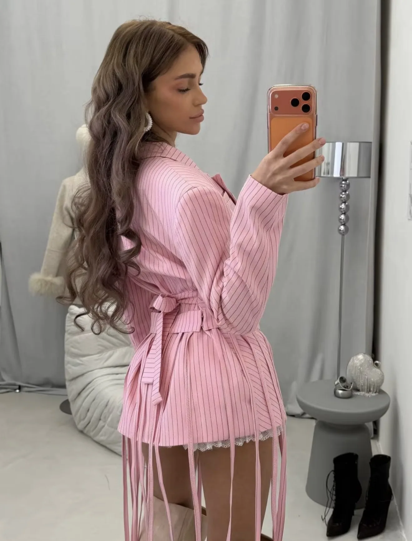 Vertical Striped Blazer Lapel Collar Long Sleeve Ruched Waist Self Belt Tassel Fringe Hem Slim Women Elegant Suit Jacket 260602