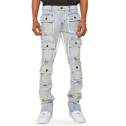 Men Multi-pocket Patchwork Chain Decoration Straight Jeans Washed Denim Trousers Male Hipster Style Streetwear High Waist Pants