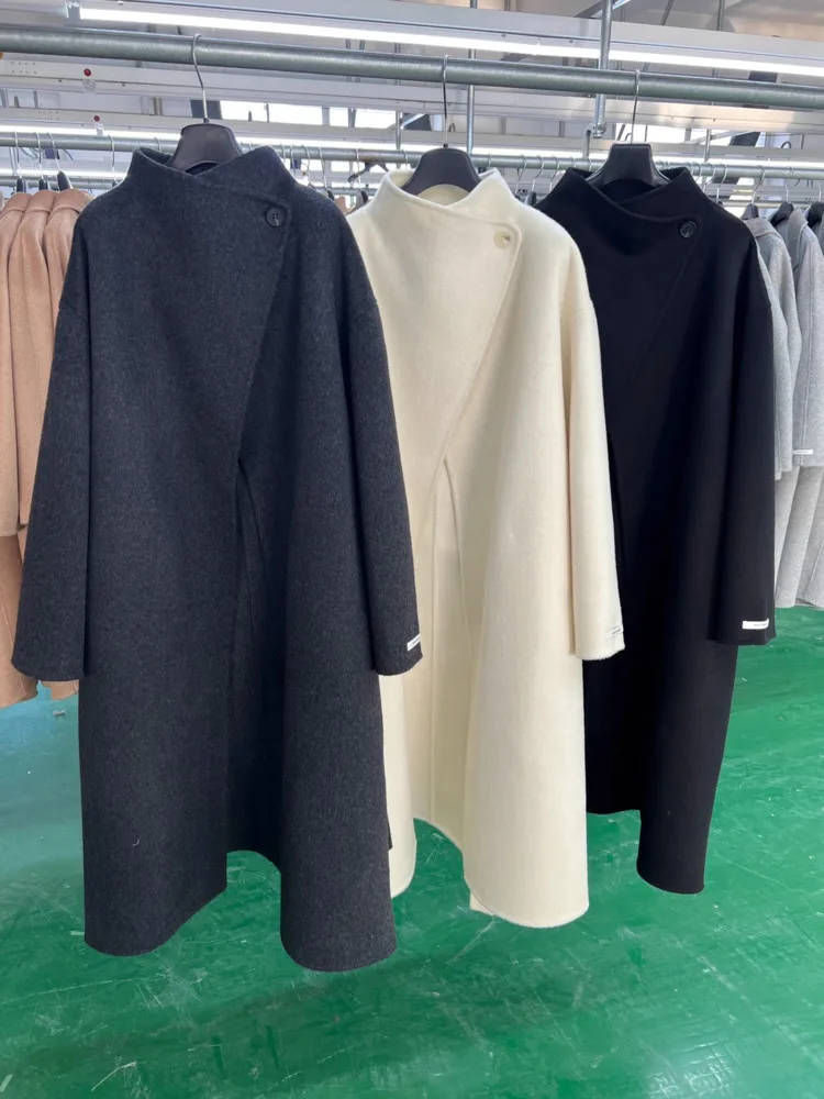 DFDG 2025 Damski płaszcz z kaszmiru dwustronnego, ręcznie robiony, z paskiem, długi, oversize, ze stójką, kurtka zimowa, odzież wierzchnia na jesień