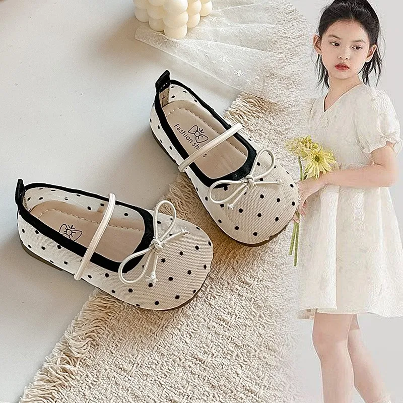 Children Polka Dot Sandals Princess Party Dress Shoes Large Kids Performance Dance Flat Shoes Girls New Girls Mesh Single Shoes