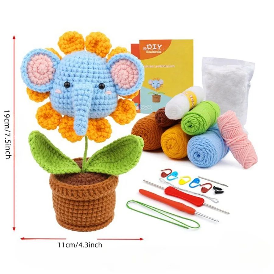DIY Elephant Ornament Crochet Kit with Instruction Book Knitting Material Set for Handmade Craft. Unfinished Product Yarn and H